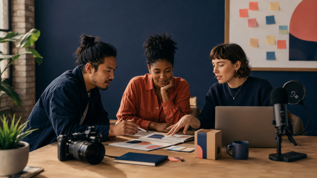 Diverse creators mapping several income streams around a collaborative workspace with cameras, a microphone and a laptop.