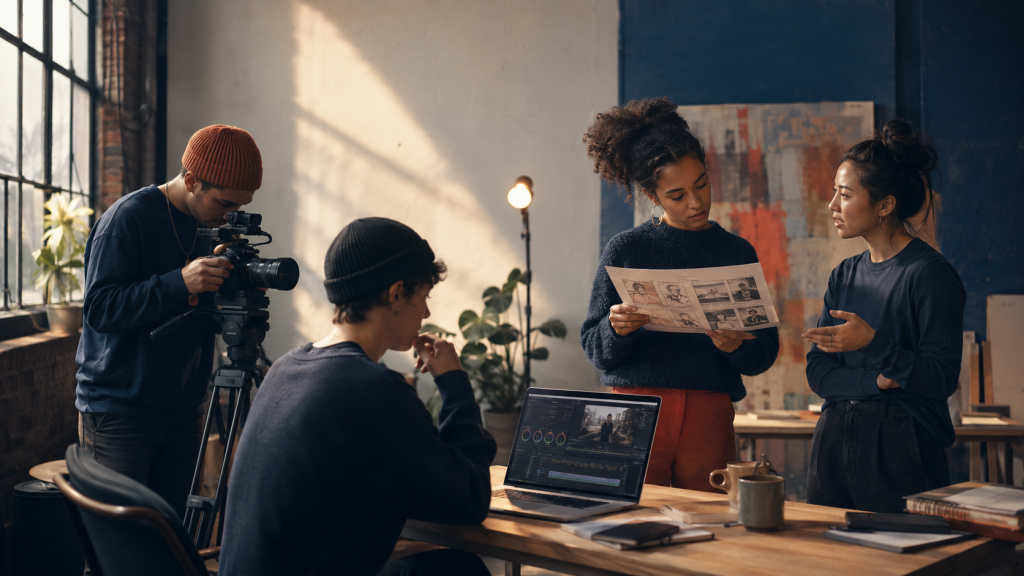 Diverse creative team filming, editing and reviewing a storyboard together in a modern studio.