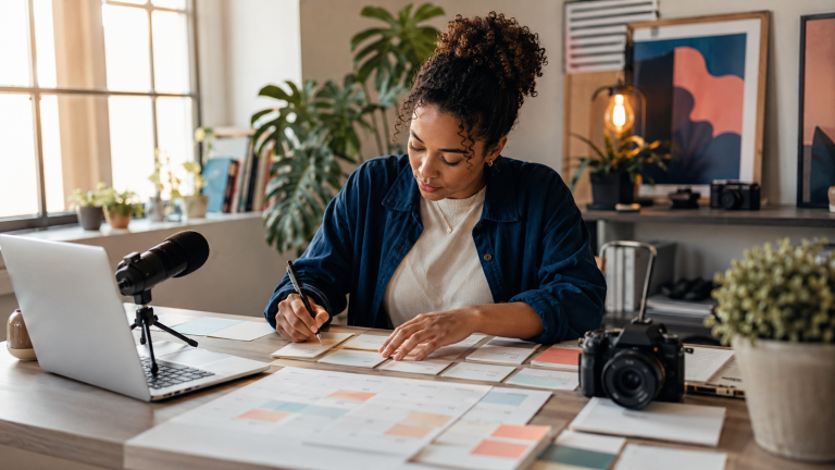 Creator organizing a 30-day income plan beside a laptop, microphone and camera in a bright home studio.